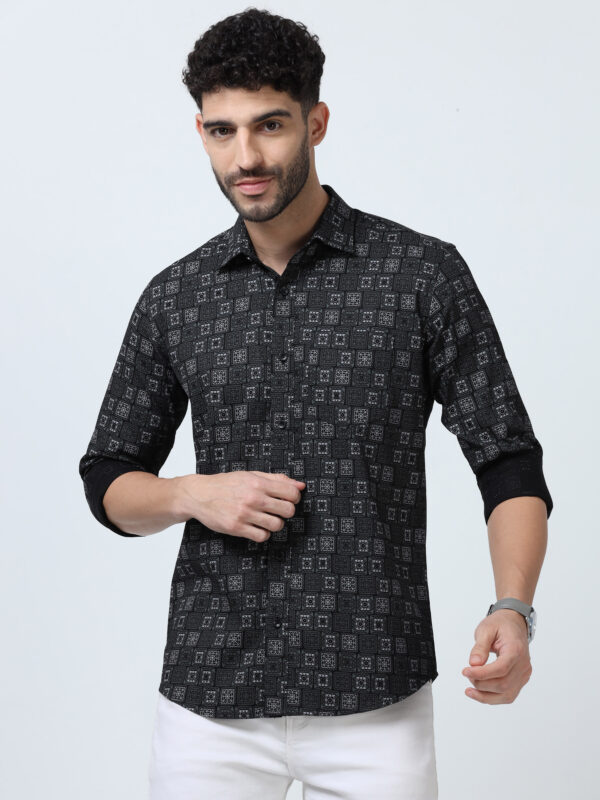 Printed Shirt - Men's Slim Fit Black with Traditional Design